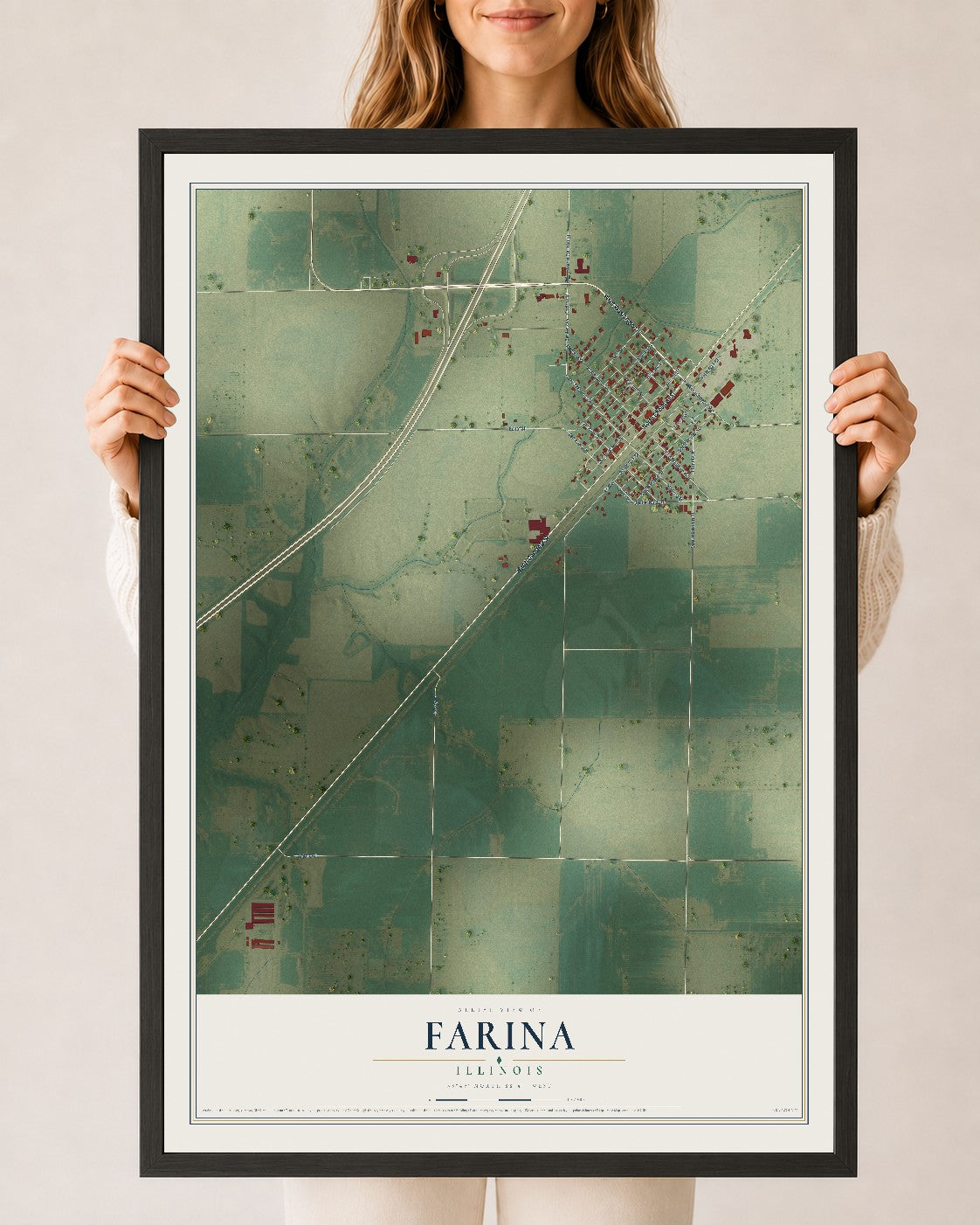 Map of Farina, Illinois, 24 x 36 inch print in a black wood frame