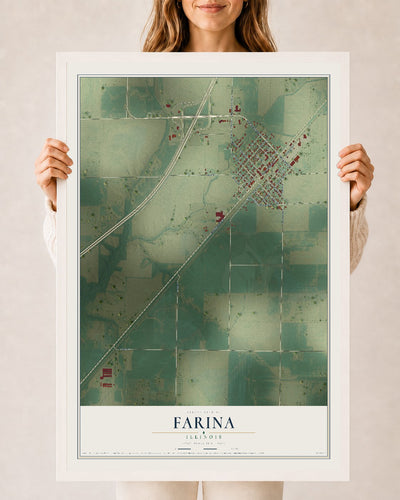 Map of Farina, Illinois, 24 x 36 inch print in a white wood frame