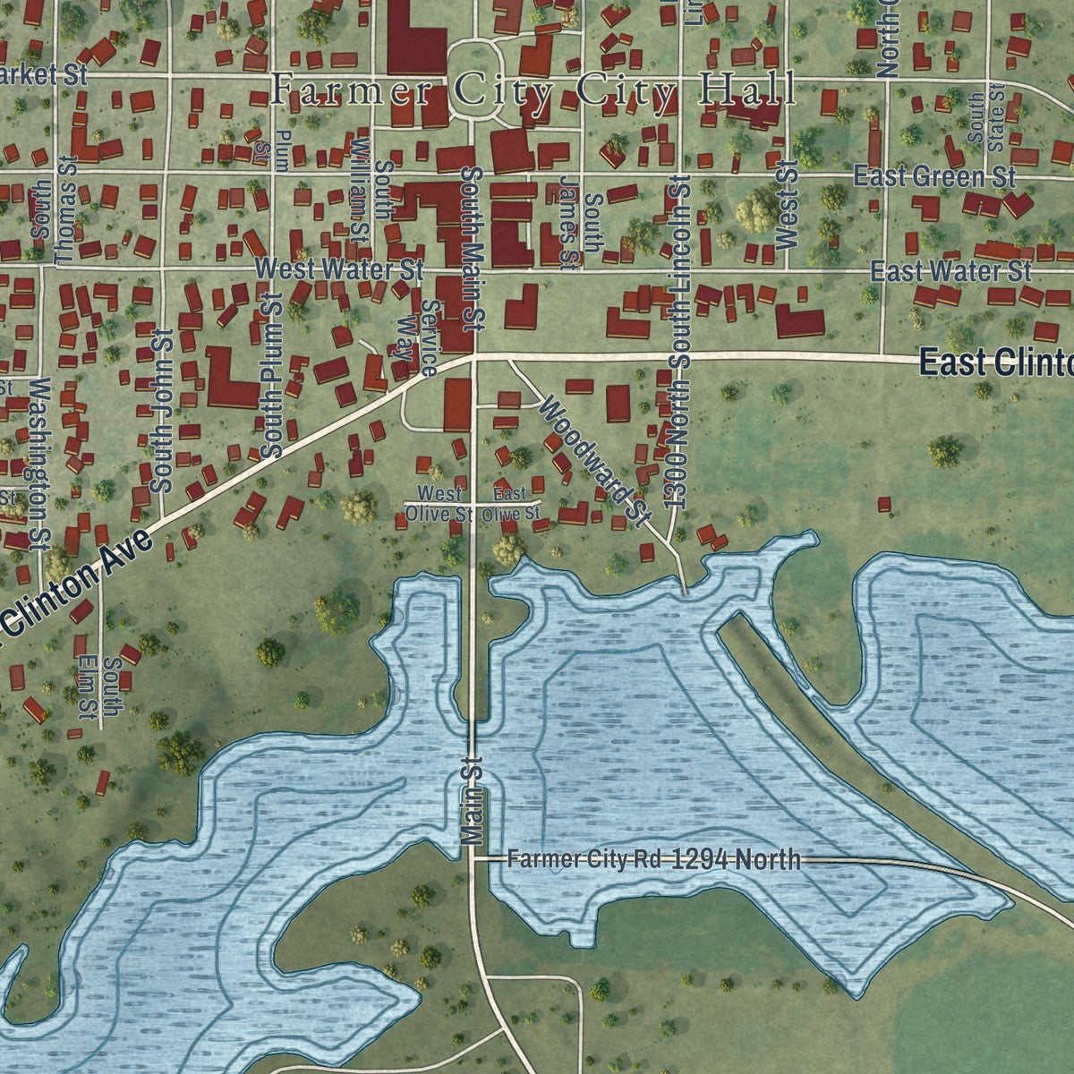 Close-up of the map of Farmer City, Illinois print showing street and building detail