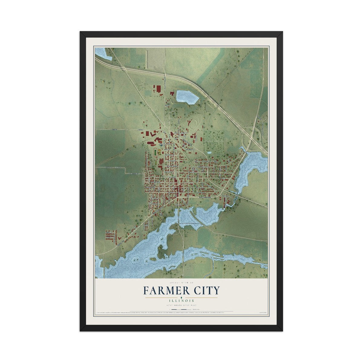Map of Farmer City, Illinois, 12 x 18 inch print in a black wood frame