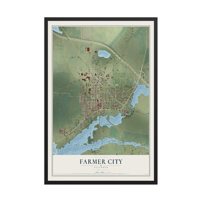 Map of Farmer City, Illinois, 12 x 18 inch print in a black wood frame