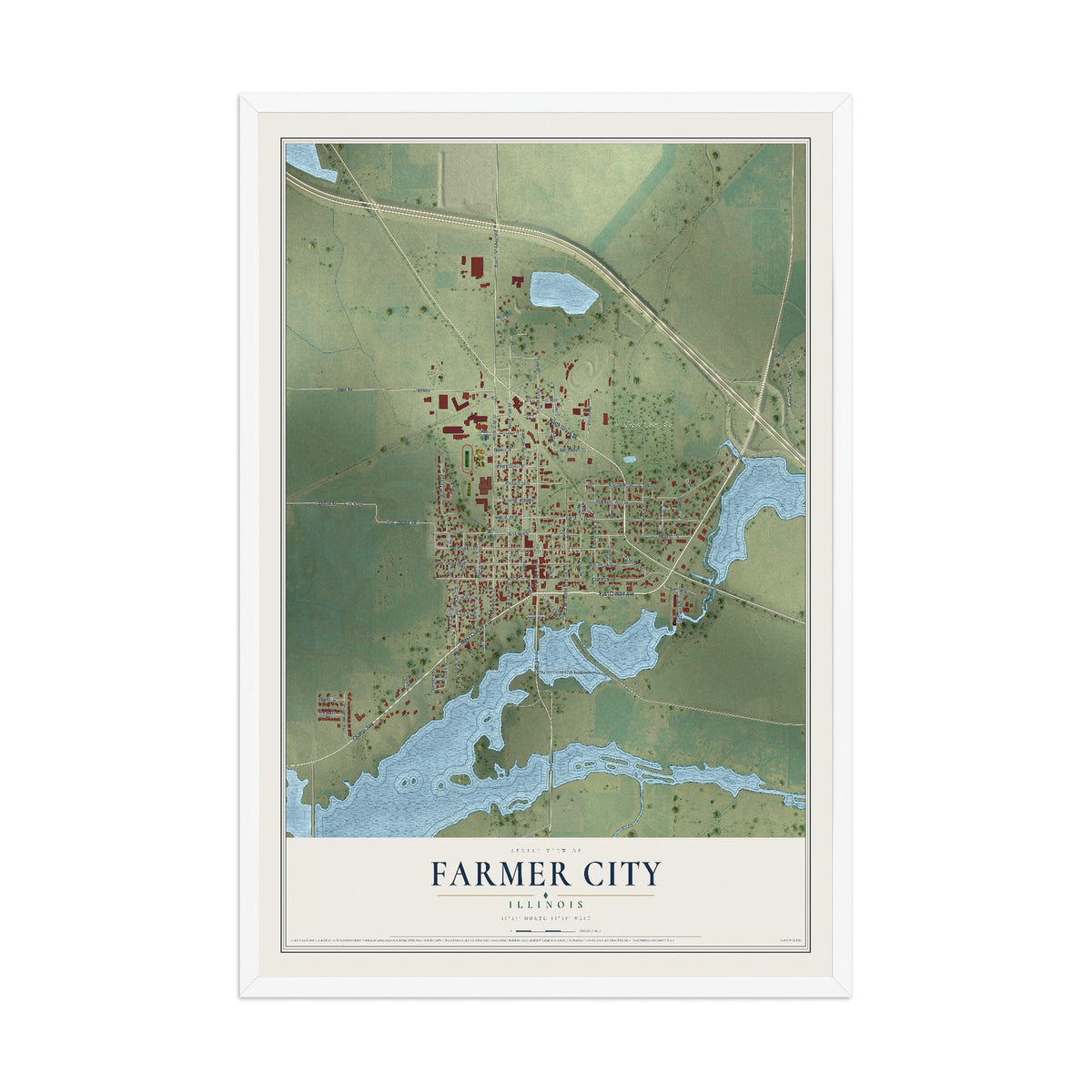 Map of Farmer City, Illinois, 12 x 18 inch print in a white wood frame
