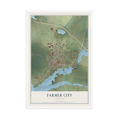 Map of Farmer City, Illinois, 12 x 18 inch print in a white wood frame