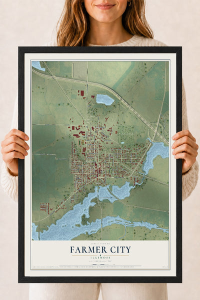Map of Farmer City, Illinois, 18 x 24 inch print in a black wood frame