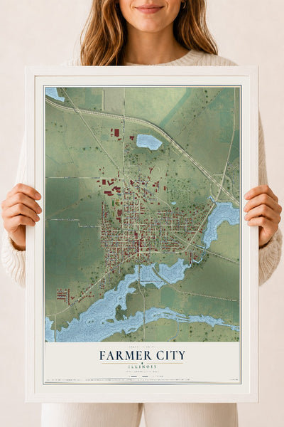 Map of Farmer City, Illinois, 18 x 24 inch print in a white wood frame