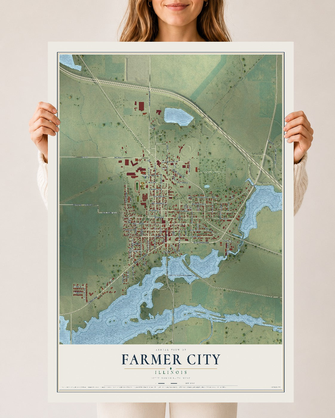 Map of Farmer City, Illinois, 24 x 36 inch unframed archival matte print