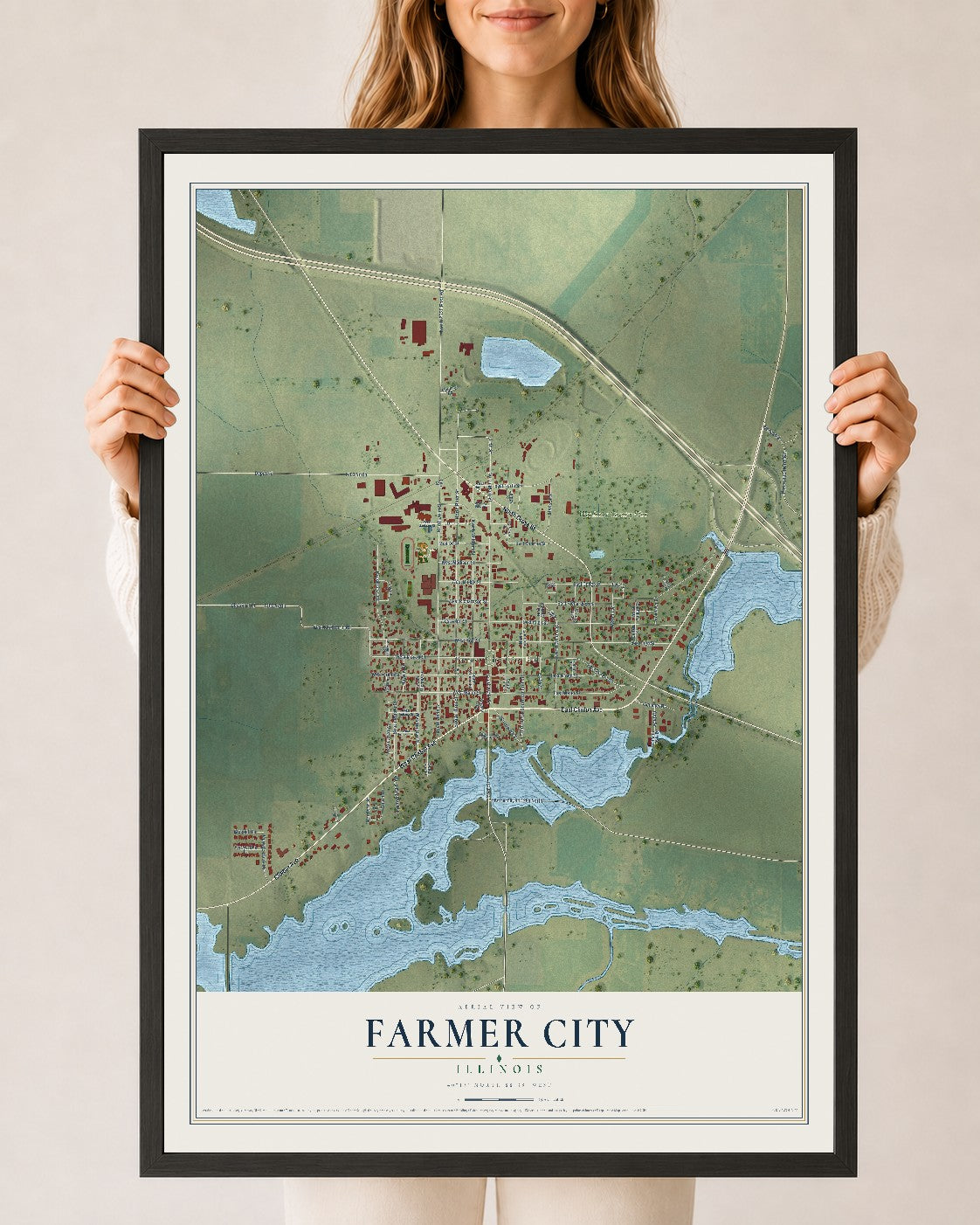 Map of Farmer City, Illinois, 24 x 36 inch print in a black wood frame