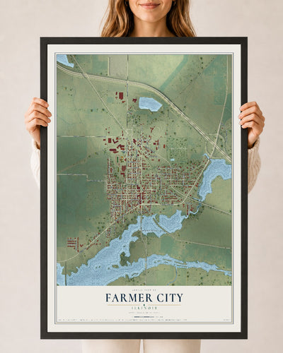 Map of Farmer City, Illinois, 24 x 36 inch print in a black wood frame