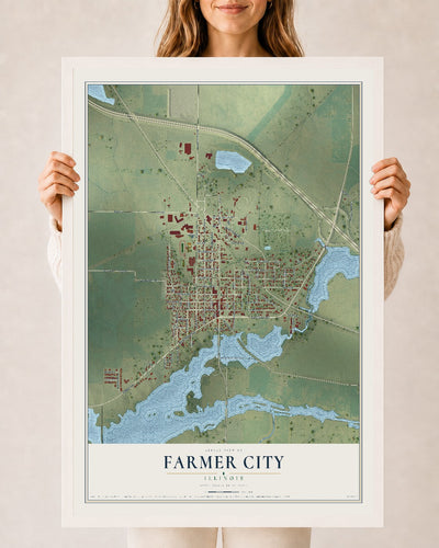 Map of Farmer City, Illinois, 24 x 36 inch print in a white wood frame