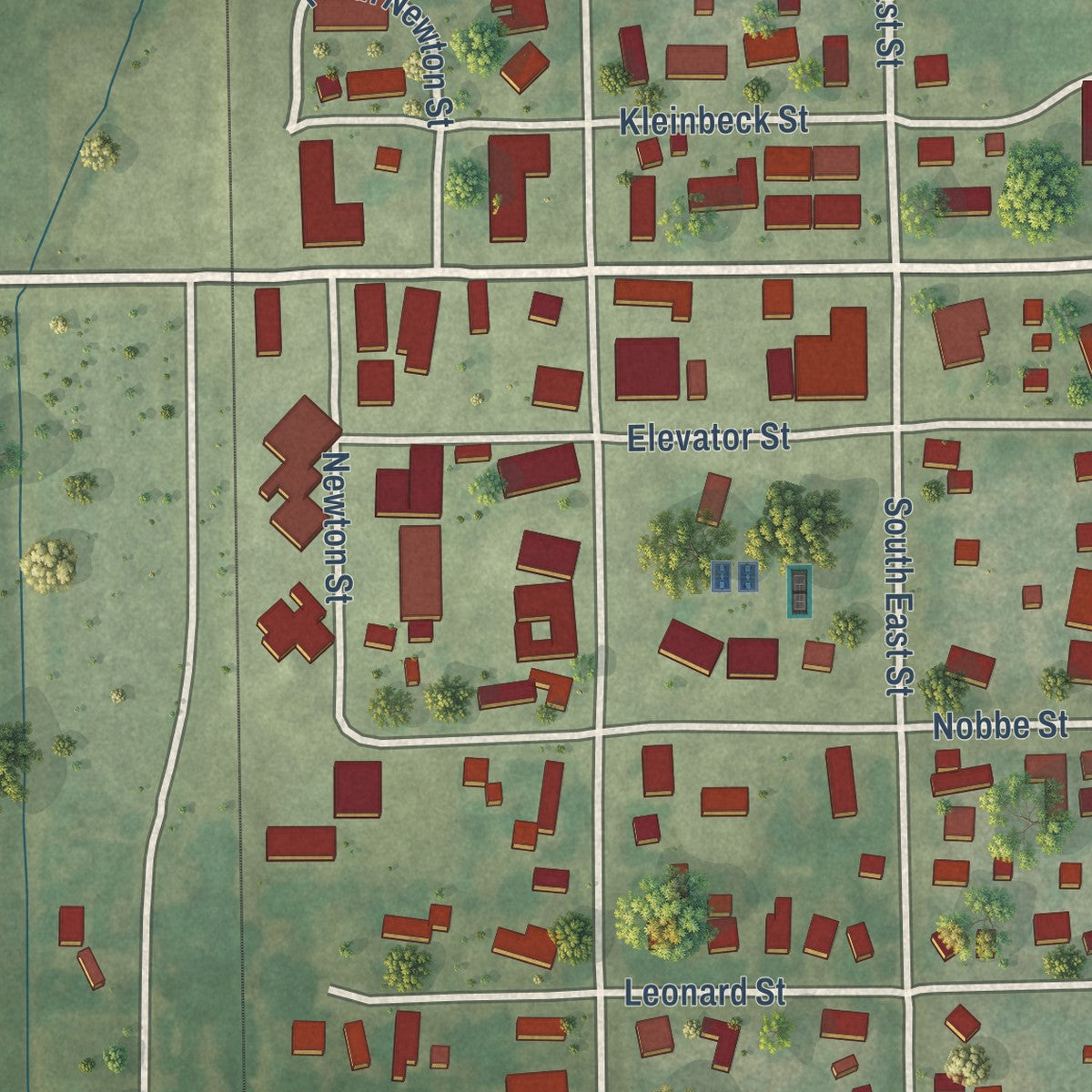 Close-up of the map of Farmersville, Illinois print showing street and building detail