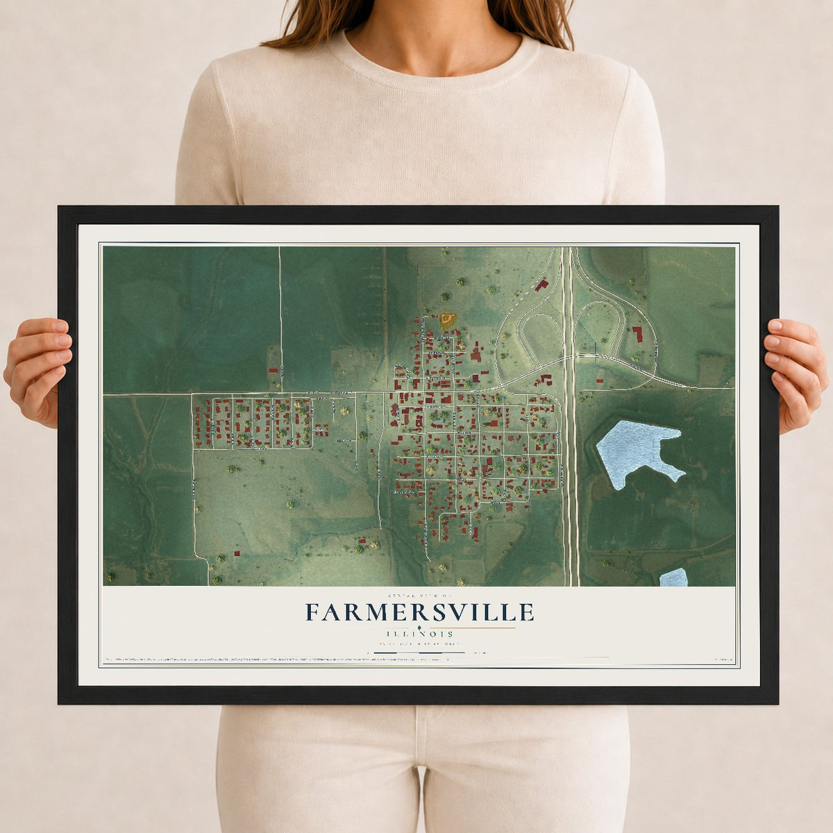 Map of Farmersville, Illinois, 12 x 18 inch print in a black wood frame