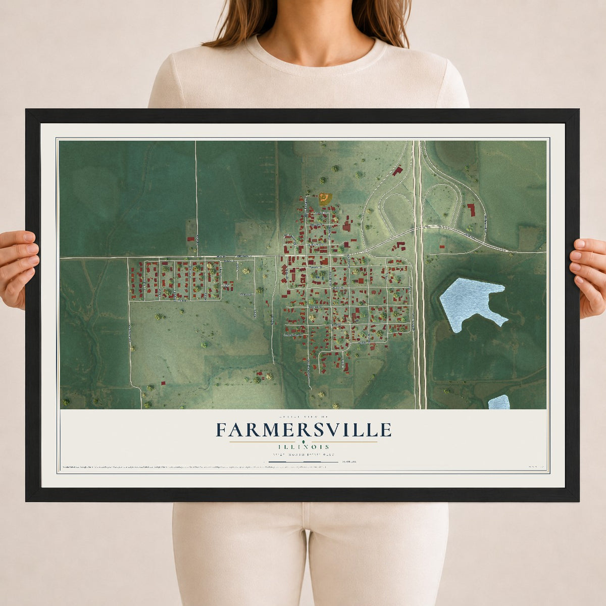 Map of Farmersville, Illinois, 18 x 24 inch print in a black wood frame