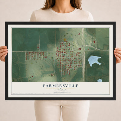 Map of Farmersville, Illinois, 18 x 24 inch print in a black wood frame