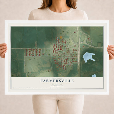 Map of Farmersville, Illinois, 18 x 24 inch print in a white wood frame