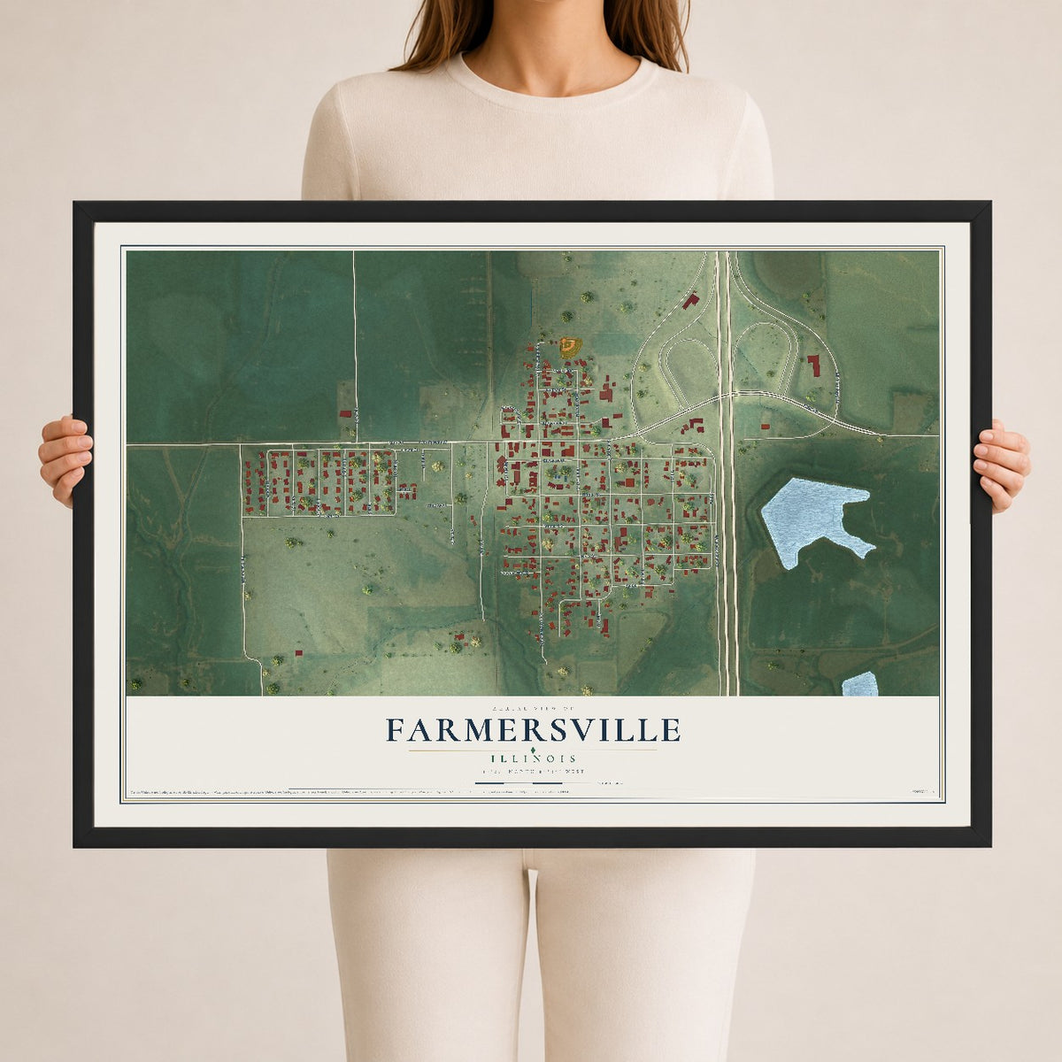 Map of Farmersville, Illinois, 24 x 36 inch print in a black wood frame