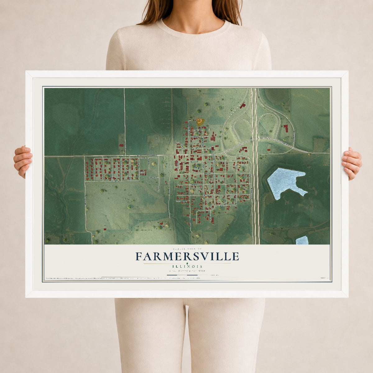 Map of Farmersville, Illinois, 24 x 36 inch print in a white wood frame