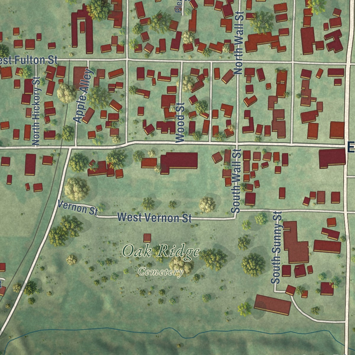 Close-up of the map of Farmington, Illinois print showing street and building detail
