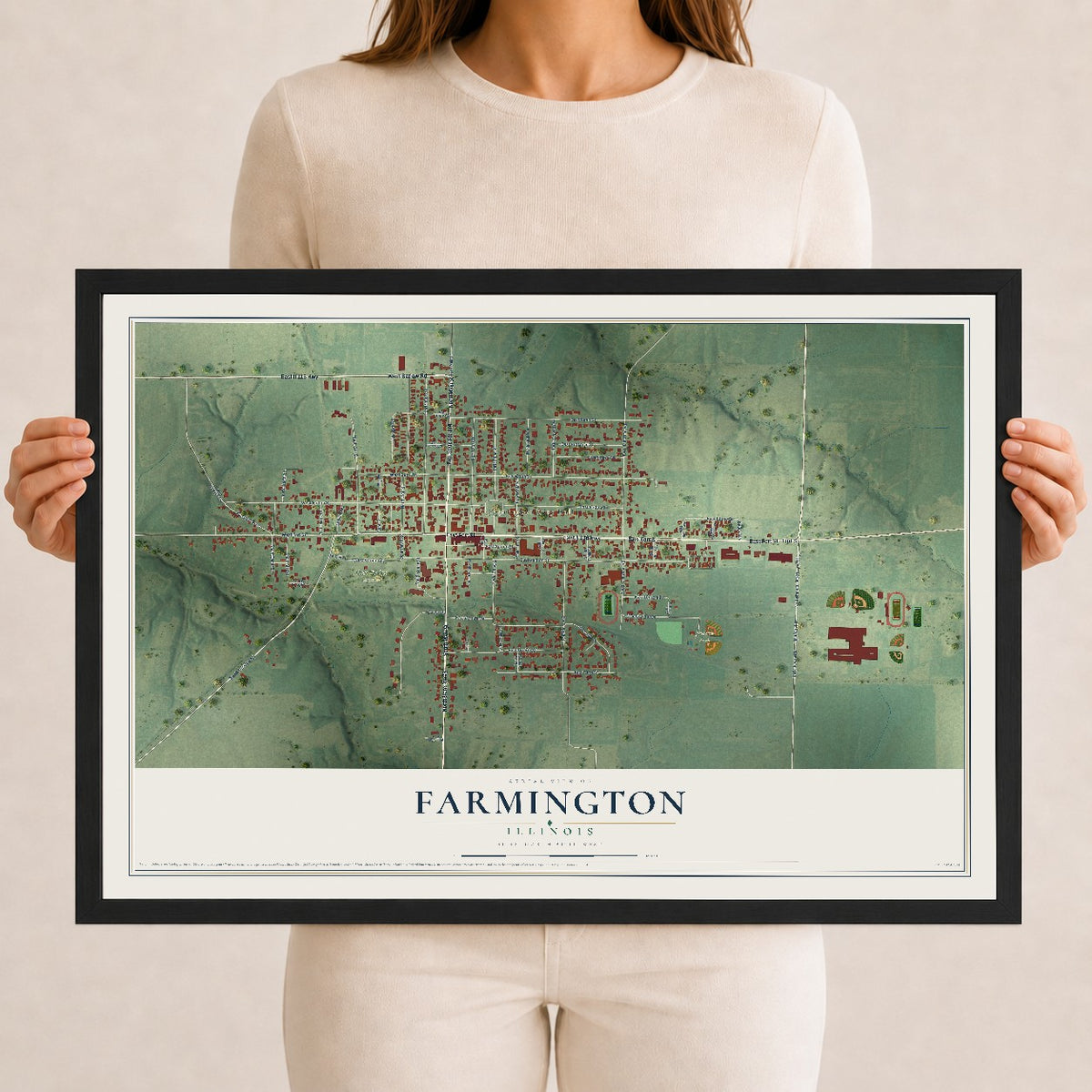 Map of Farmington, Illinois, 12 x 18 inch print in a black wood frame