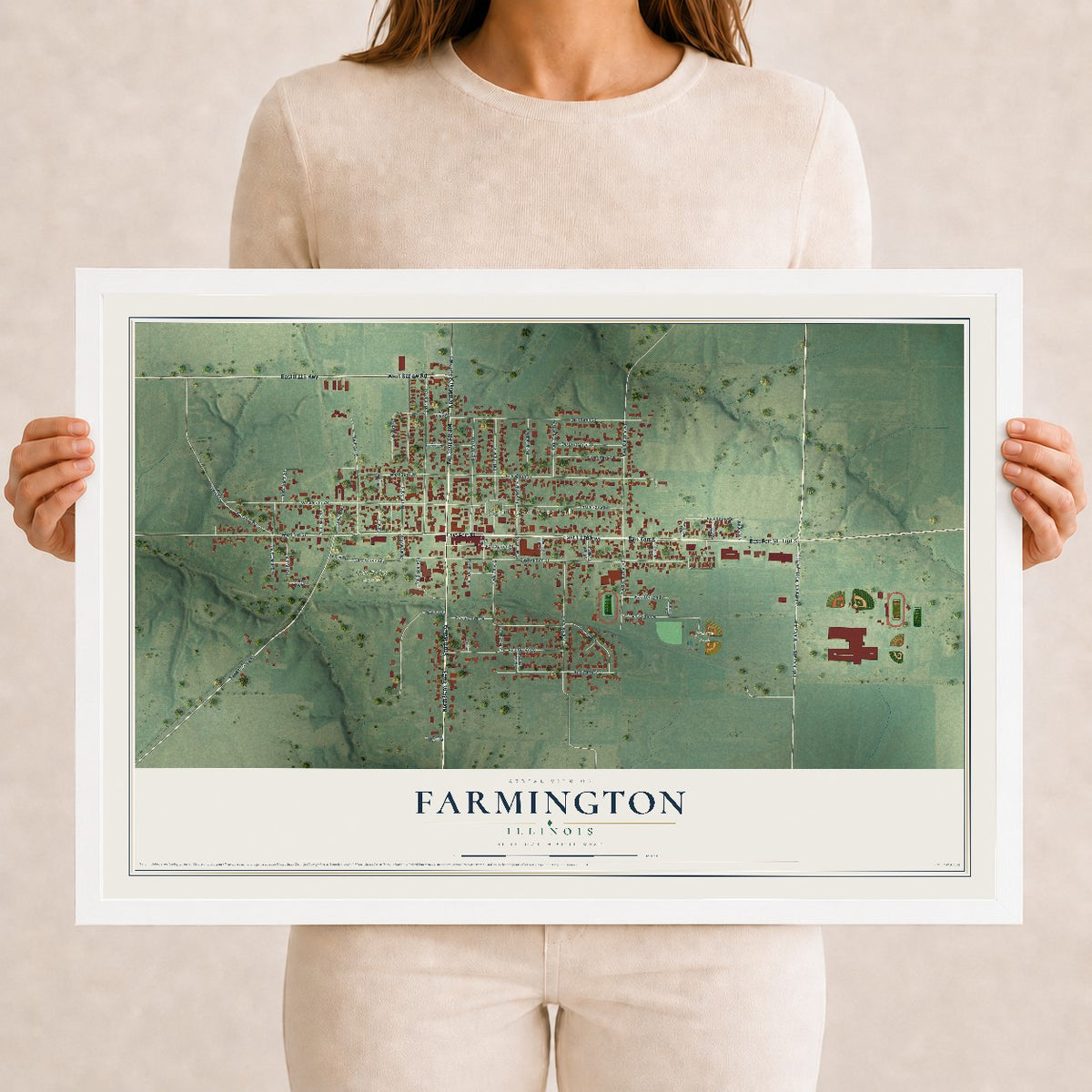 Map of Farmington, Illinois, 12 x 18 inch print in a white wood frame