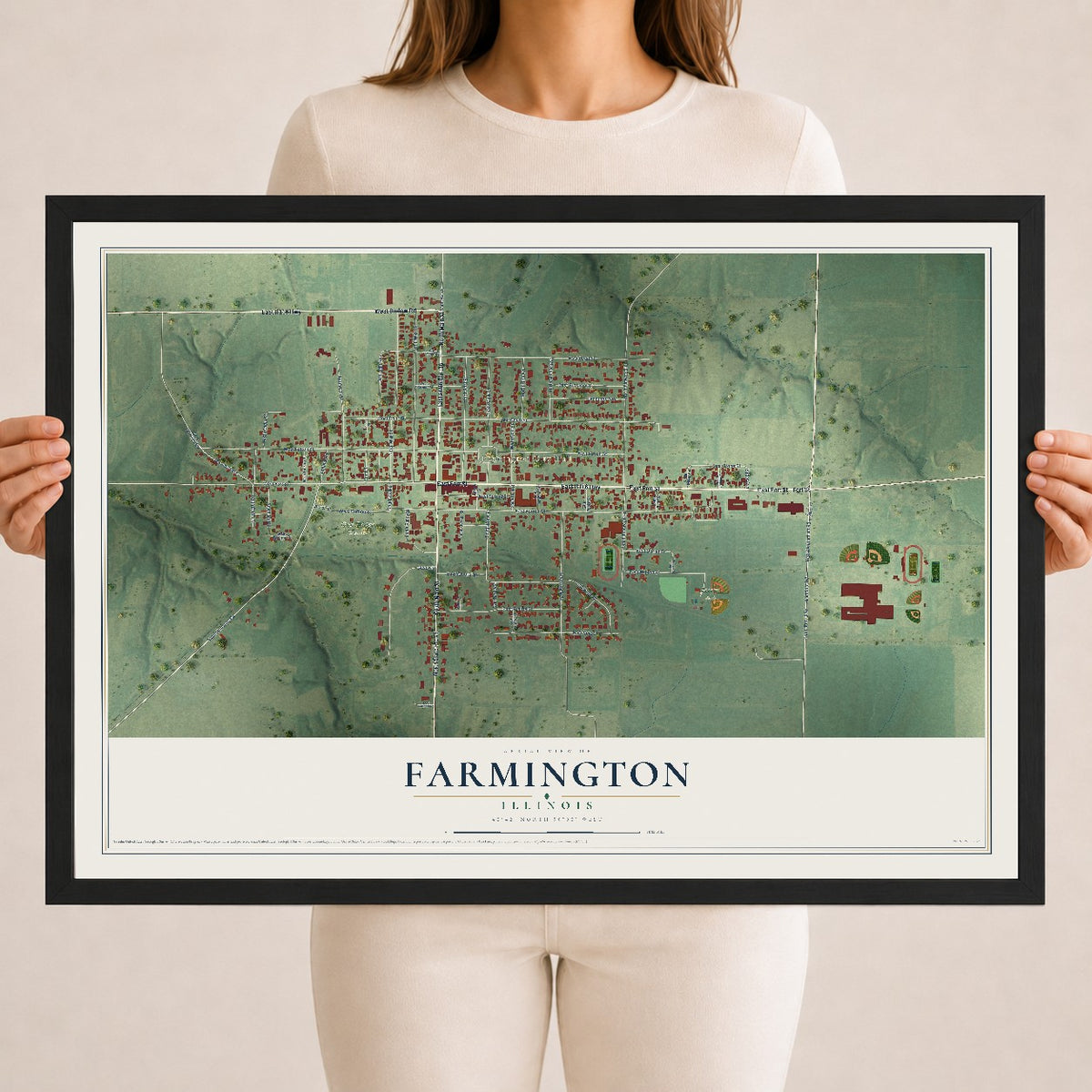 Map of Farmington, Illinois, 18 x 24 inch print in a black wood frame