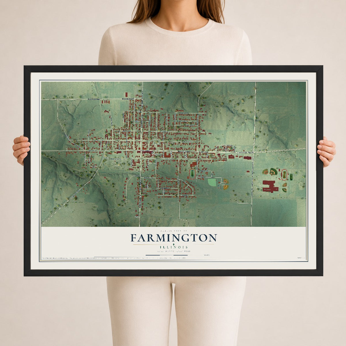 Map of Farmington, Illinois, 24 x 36 inch print in a black wood frame