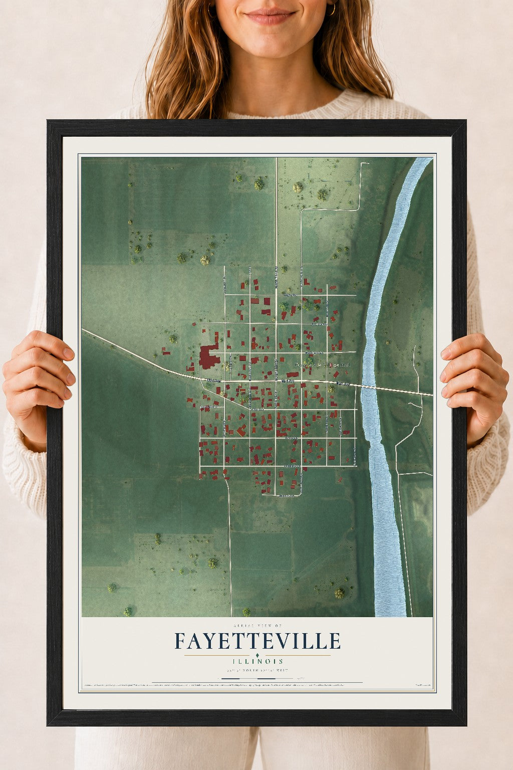 Map of Fayetteville, Illinois, 18 x 24 inch print in a black wood frame