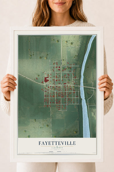 Map of Fayetteville, Illinois, 18 x 24 inch print in a white wood frame