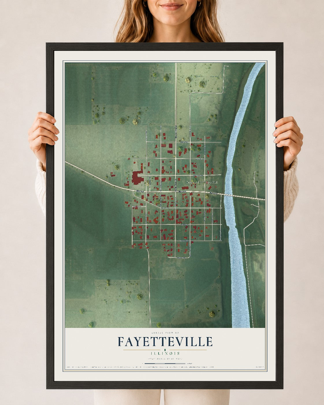 Map of Fayetteville, Illinois, 24 x 36 inch print in a black wood frame