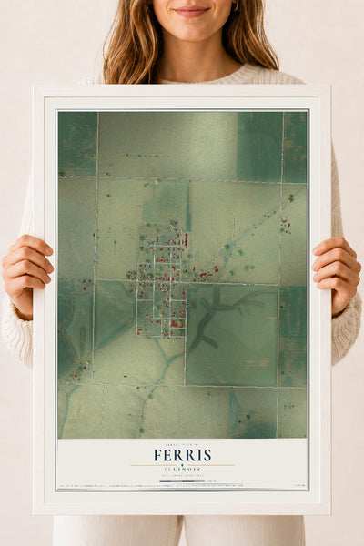 Map of Ferris, Illinois, 18 x 24 inch print in a white wood frame
