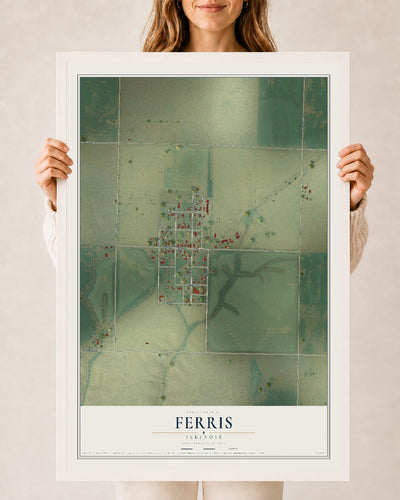 Map of Ferris, Illinois, 24 x 36 inch print in a white wood frame