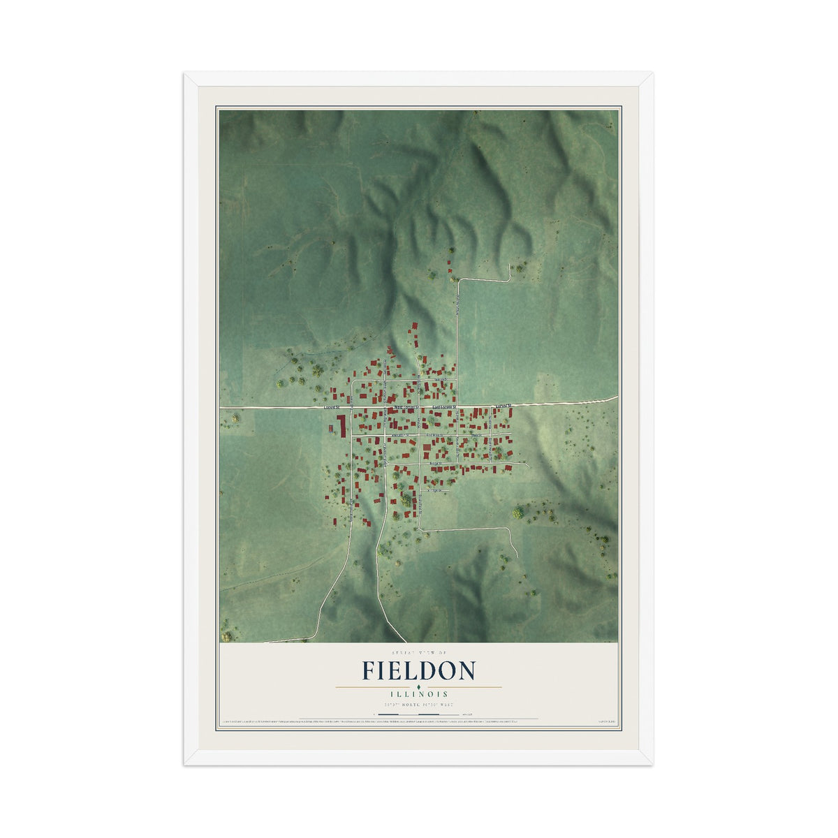 Map of Fieldon, Illinois, 12 x 18 inch print in a white wood frame