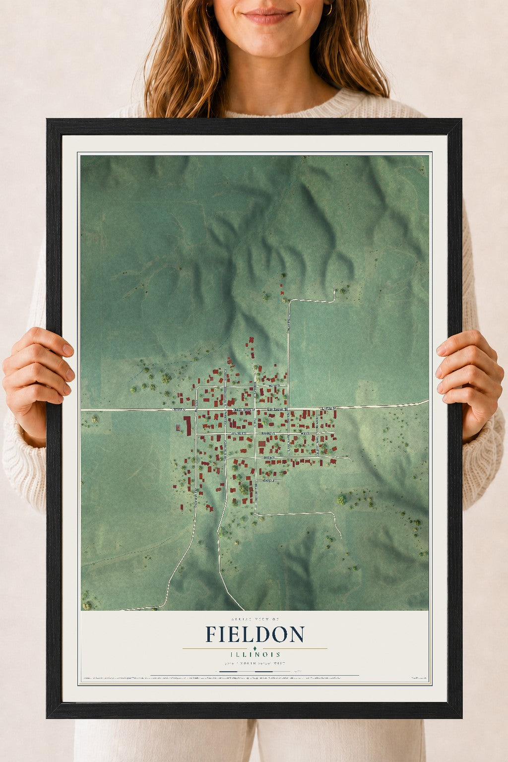 Map of Fieldon, Illinois, 18 x 24 inch print in a black wood frame