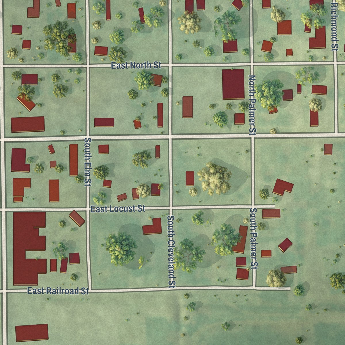Close-up of the map of Fillmore, Illinois print showing street and building detail