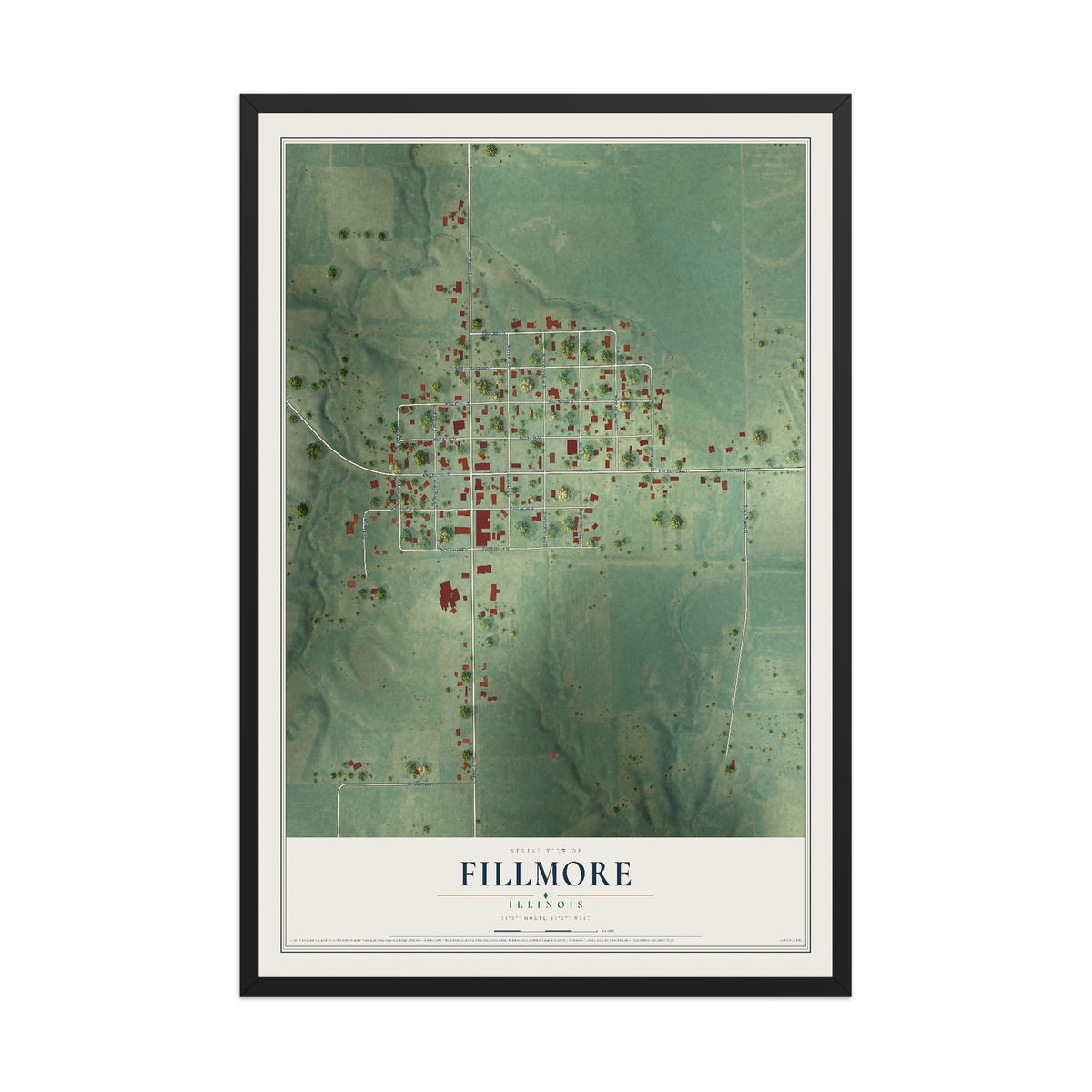 Map of Fillmore, Illinois, 12 x 18 inch print in a black wood frame