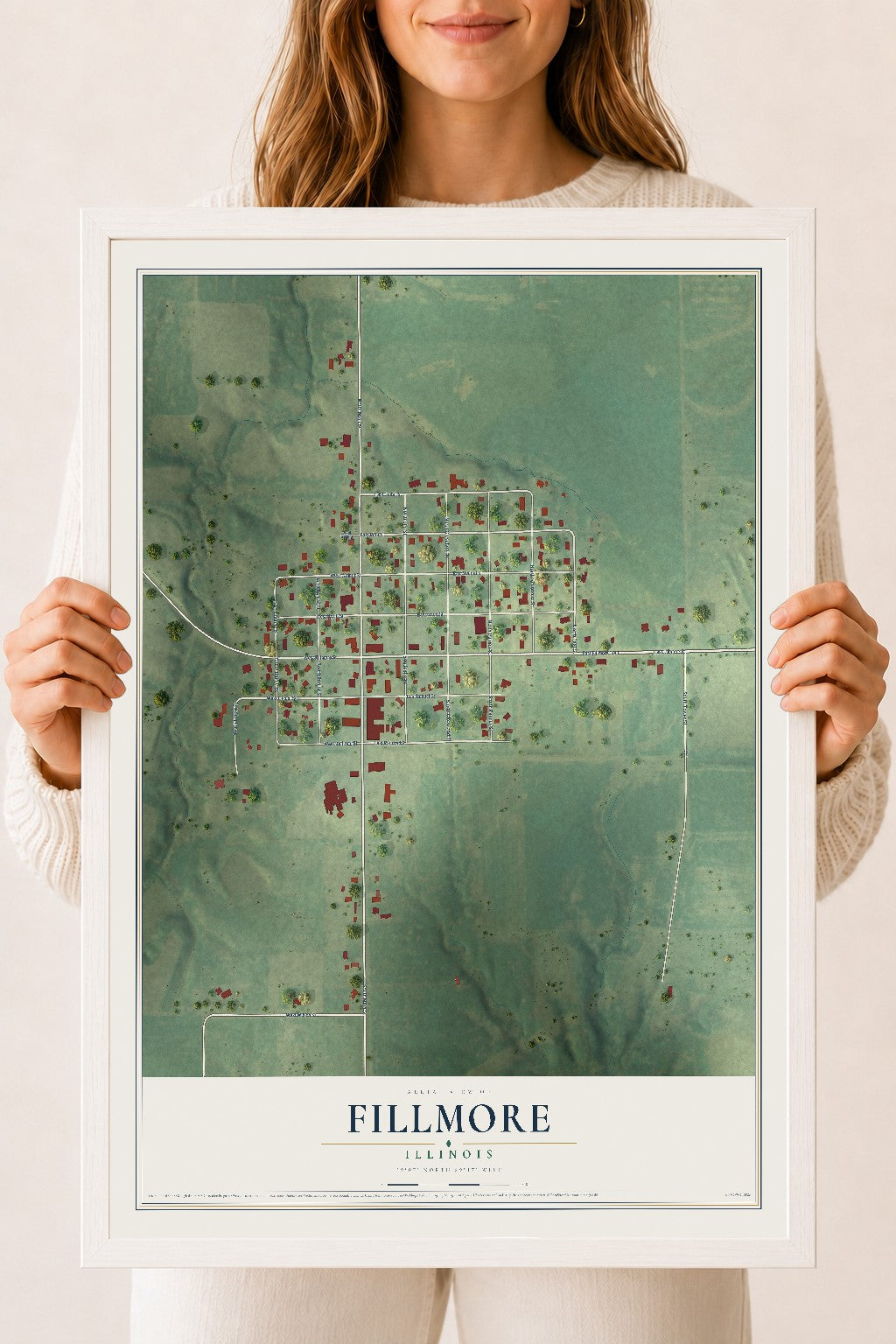 Map of Fillmore, Illinois, 18 x 24 inch print in a white wood frame