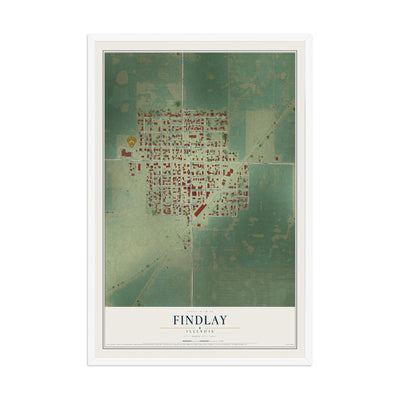 Map of Findlay, Illinois, 12 x 18 inch print in a white wood frame