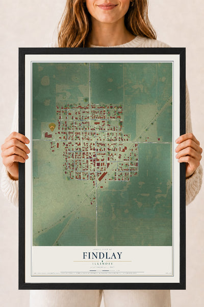 Map of Findlay, Illinois, 18 x 24 inch print in a black wood frame