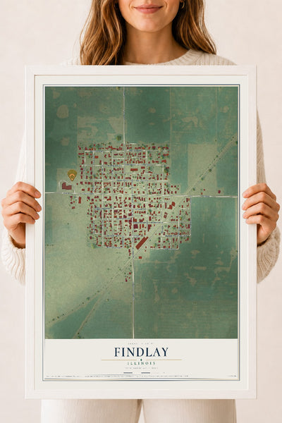 Map of Findlay, Illinois, 18 x 24 inch print in a white wood frame
