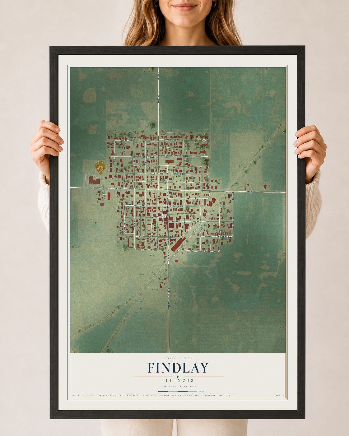 Map of Findlay, Illinois, 24 x 36 inch print in a black wood frame