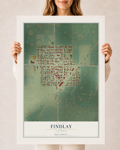 Map of Findlay, Illinois, 24 x 36 inch print in a white wood frame