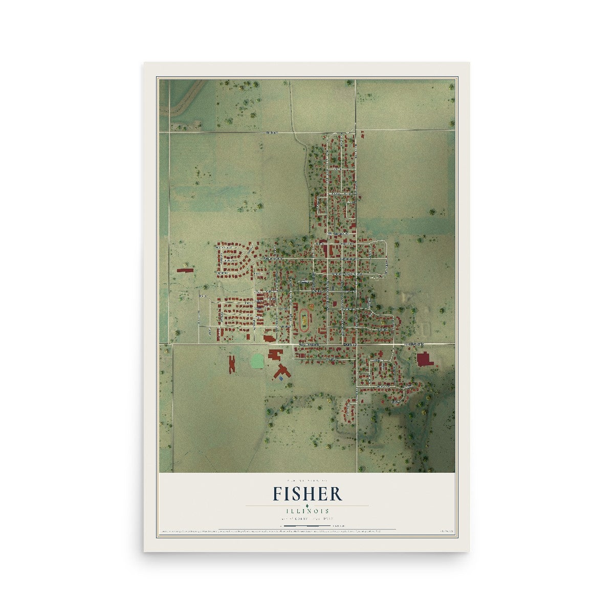 Map of Fisher, Illinois, 12 x 18 inch unframed archival matte print