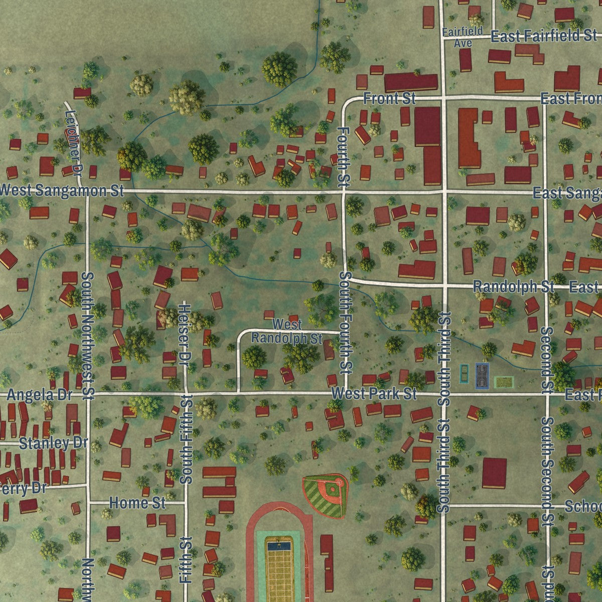 Close-up of the map of Fisher, Illinois print showing street and building detail