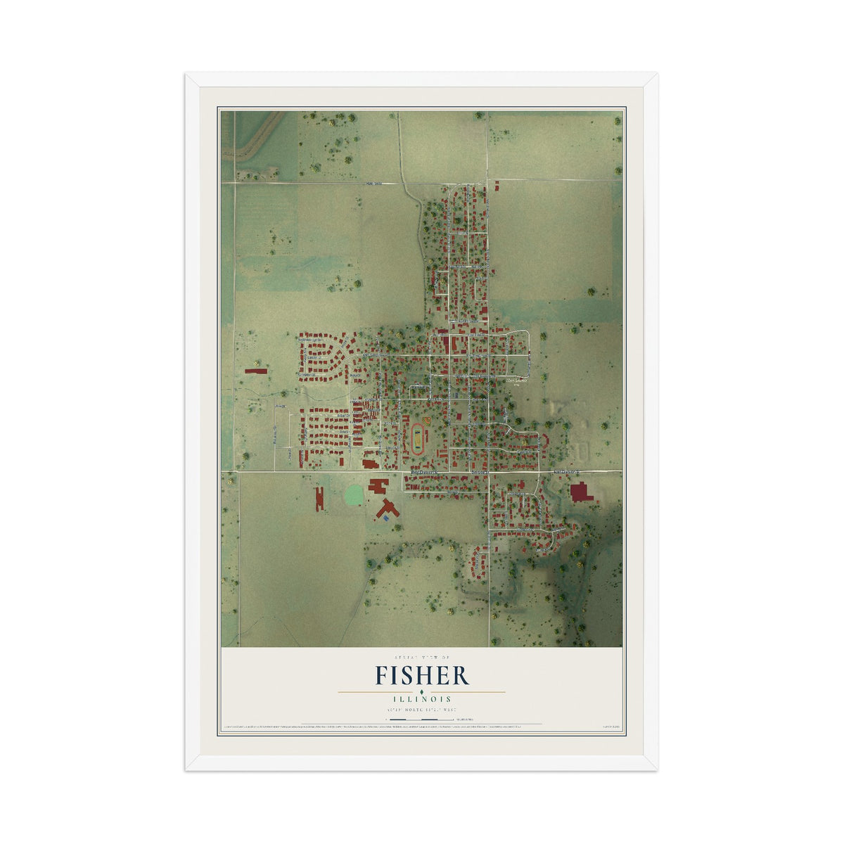 Map of Fisher, Illinois, 12 x 18 inch print in a white wood frame