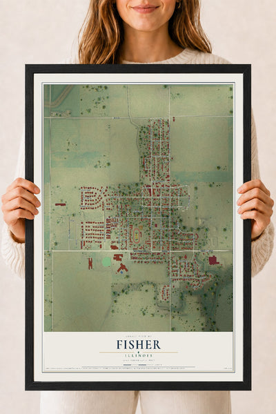 Map of Fisher, Illinois, 18 x 24 inch print in a black wood frame