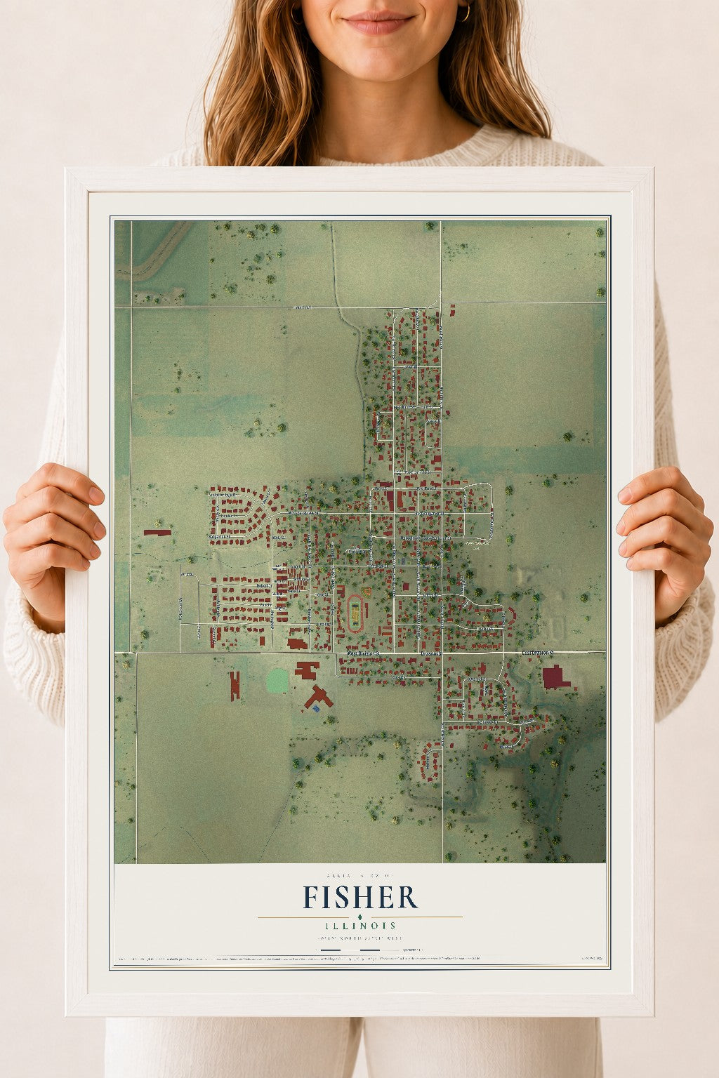 Map of Fisher, Illinois, 18 x 24 inch print in a white wood frame