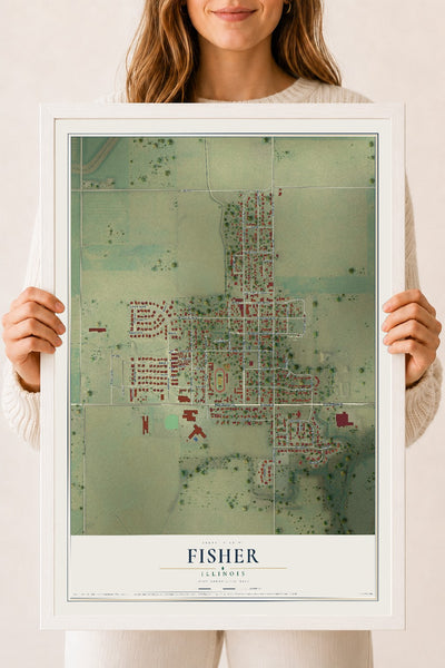 Map of Fisher, Illinois, 18 x 24 inch print in a white wood frame