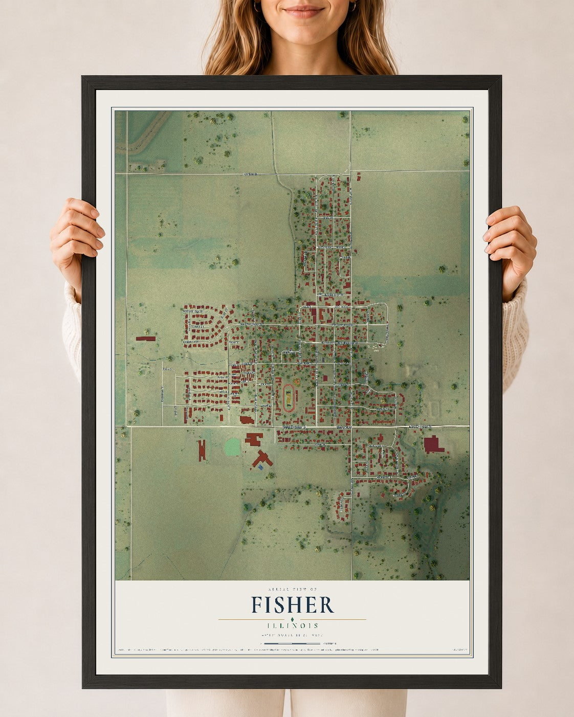 Map of Fisher, Illinois, 24 x 36 inch print in a black wood frame