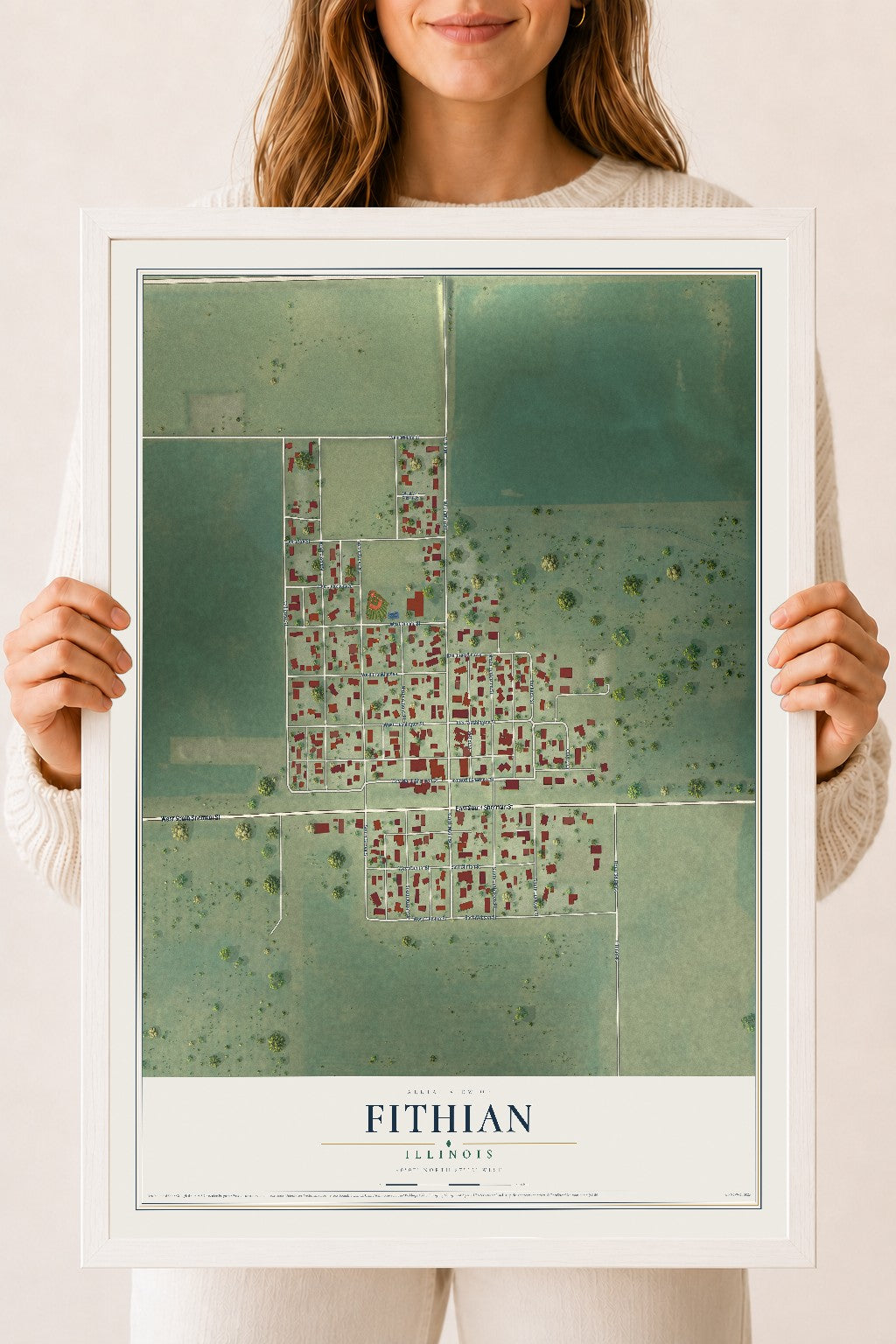 Map of Fithian, Illinois, 18 x 24 inch print in a white wood frame