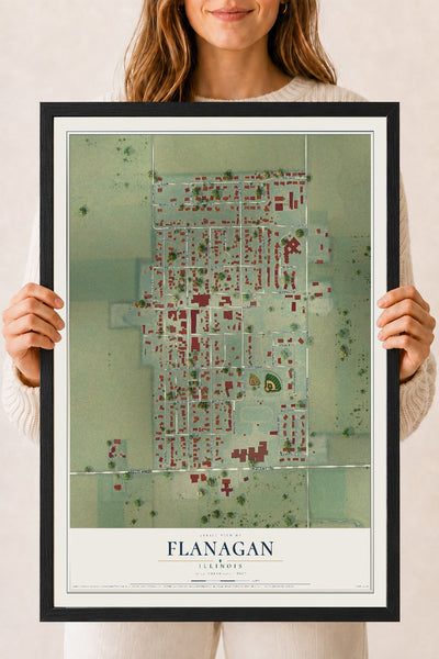 Map of Flanagan, Illinois, 18 x 24 inch print in a black wood frame