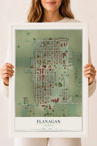 Map of Flanagan, Illinois, 18 x 24 inch print in a white wood frame